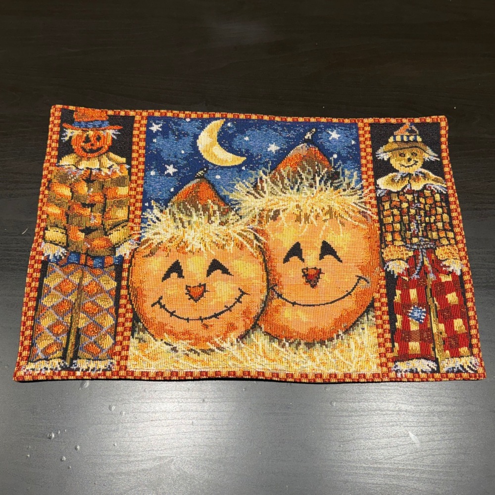 Vintage Harvest Scarecrow Pumpkin Woven Tapestry Placemat Fall Decor 18x12.5